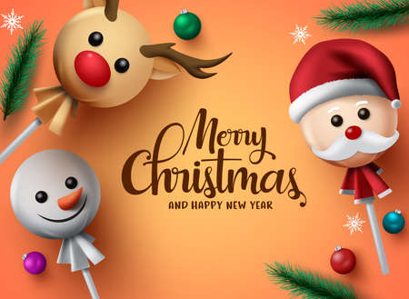Merry christmas lollipop vector background. Merry christmas greeting typography with xmas elements of pine leaves, balls and santa claus, reindeer and snowman lollipop cover in orange background. Vector illustration.のイラスト素材