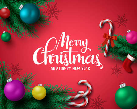 Christmas greeting card vector banner. Merry christmas greeting card with xmas decor of pine leave, balls, santa sock and candy cane with ribbon elements in red background. Vector illustrationのイラスト素材