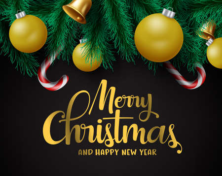 Christmas decors vector background template. Merry christmas greeting in black empty space for text and messages with hanging xmas decor element of pine leaves, balls, candy cane, and golden bells. Vector illustrationのイラスト素材