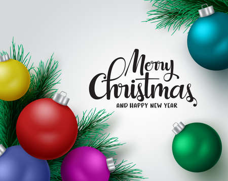 Christmas greeting card with decor vector banner template. Merry christmas and happy new year typography text with xmas decoration elements of pine leaves and balls in white background. Vector illustration.のイラスト素材