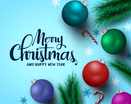 Merry christmas greeting card vector background. Merry christmas and happy new year typography text with xmas decoration elements of pine leaves and balls in blue background. Vector illustration.のイラスト素材