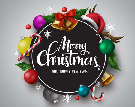 Merry christmas vector banner. Merry christmas greetings card with circle frame for text and messages with colorful xmas decor elements in gray background. Vector illustration.のイラスト素材
