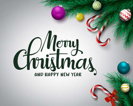 Christmas vector background. Merry christmas and happy new year typography greeting text with pine leaves, balls and candy cane with ribbon xmas decor elements and empty space for message in gray background. Vector illustration.のイラスト素材