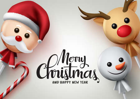 Merry christmas lollipops vector background. Merry christmas greeting text with sweet candy cane and lollipop in santa claus, snowman and reindeer cover with happy face for xmas greeting card. Vector illustrationのイラスト素材