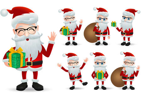 Santa claus vector character set. Santa claus christmas characters holding gift and christmas present while standing and laughing in different pose and gesture isolated in white background. Vector illustration.のイラスト素材