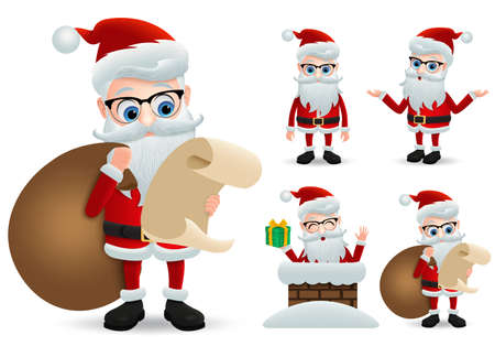 Santa claus christmas  character set. Santa claus vector characters holding and reading wish list while carrying sack or bag of christmas gift with happy face expression isolated in white background. Vector illustration.のイラスト素材