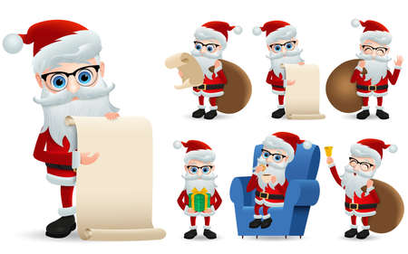 Santa claus christmas characters set with wish list. Santa claus vector character showing and holding wish list for christmas gift giving in happy face expression isolated in white background. Vector illustration.のイラスト素材