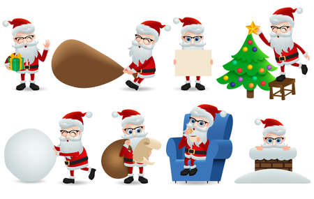 Santa claus christmas character vector elements set. Santa claus xmas characters elements for holiday season collection in different pose and gesture isolated in white background. Vector illustration.のイラスト素材