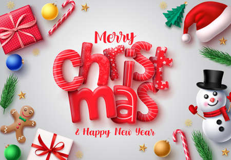 Christmas vector banner design. Merry christmas and happy new year 3d realistic typography text with xmas decor of santa hat, snowman, gift, candy cane, gingerhead cookie, balls and pine leaves in white background. Vector illustration.のイラスト素材