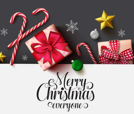 Christmas vector background template. Merry christmas typography text in white empty space for text and messages with decoration elements of xmas gift, candy cane, balls, snowflakes and stars in black background. Vector illustration.のイラスト素材