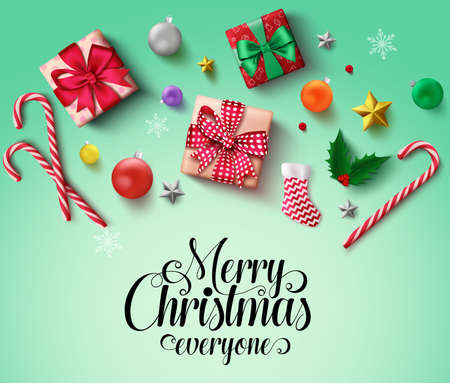 Christmas elements vector banner background. Merry christmas typography text with xmas objects and elements of santa sock, gift, candy cane, balls, snowflakes, and stars for greeting card in green background Vector illustrationのイラスト素材