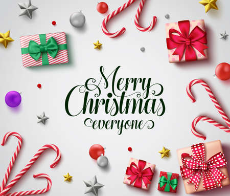 Christmas vector background design. Merry christmas everyone greeting text with colorful decoration elements of xmas gift, candy cane, balls and stars in white background. Vector illustration.のイラスト素材