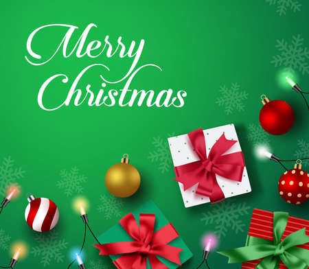 Christmas greeting vector background. Merry christmas holiday season greeting typography text in green empty space for text and messages with colorful decor of xmas gift, balls and lights in snowflakes background. Vector illustration.のイラスト素材