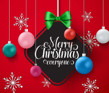 Christmas balls vector design. Merry christmas greeting text in empty space for messages with hanging christmas balls element in frame and snowflakes in red background. Vector illustration.のイラスト素材