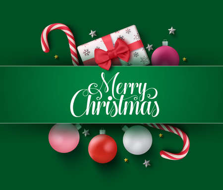 Christmas vector green design concept. Merry christmas greeting card with colorful xmas elements like candy cane, balls and gifts in green background. Vector illustrationのイラスト素材