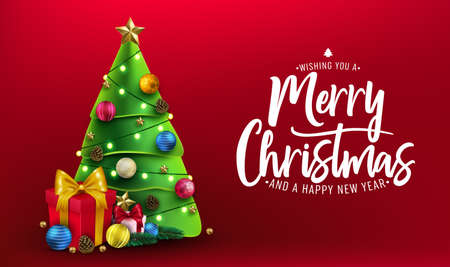 Christmas Banner. Xmas Decorative Design with Christmas Tree, Gifts, Balls, Star, Pine Cone and Lights in Red Background Greeting Card with Merry Christmas Typography Lettering Message. Horizontal Banner Vector Illustrationのイラスト素材