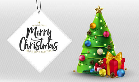 Merry Christmas Greeting Typography Lettering in White Space for Text with Christmas Tree, Gifts, Balls, Star, Pine Cone and Lights in White Stripes Background Greeting Card Holiday Horizontal Banner. Vector Illustrationのイラスト素材