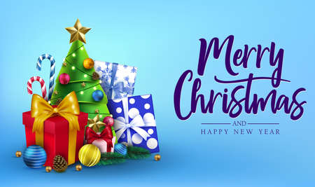 Christmas Greeting Card Horizontal Banner with Merry Christmas and Happy New Year Message Typography Lettering Text in Blue Background with Candy Canes, Christmas Tree, Gifts, Balls, Star, Pine Cone and Lights. Vector Illustrationのイラスト素材