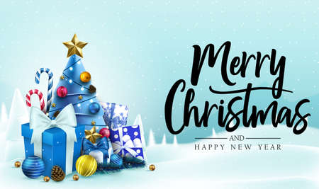 Christmas Banner. Snowy Background with Merry Christmas and Happy New Year Message Typography Lettering Text in Blue Background with Candy Canes, Christmas Tree, Gifts, Balls, Star, Pine Cone and Lights. Vector Illustrationのイラスト素材