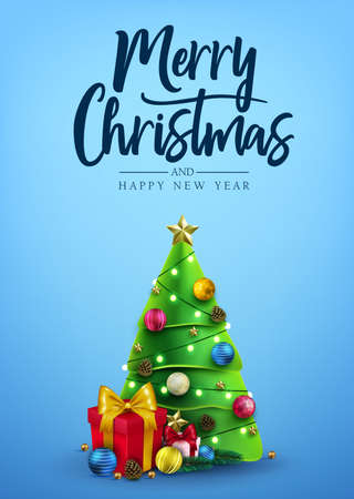 Christmas Poster Decorative Design with Christmas Tree, Gifts, Balls, Star, Pine Cone and Lights in Blue Background Greeting Card with Merry Christmas Typography Lettering Message. Vector Illustrationのイラスト素材