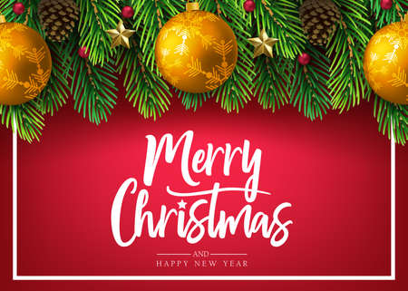 Merry Christmas Decorative Banner Greeting Holiday Card with Realistic Christmas Tree Branches Arranged Horizontal, Pine Cone and Christmas Balls in Red Background. Vector Illustrationのイラスト素材