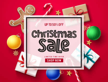 Christmas sale vector banner template. Christmas holiday season sale text in white frame with xmas element decor of candy cane, gifts, ginger head, balls, stars and snowflakes in red background. Vector illustration.のイラスト素材