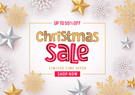 Christmas sale vector banner background design. Christmas sale text in white with gold and silver snowflakes and stars elements in background for holiday season promotion. Vector illustration.のイラスト素材