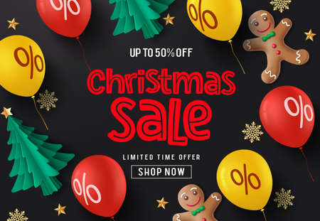 Christmas sale balloons vector banner background. Christmas sale promotion text with paper cut xmas tree, balloon, ginger head, snowflakes and stars element in black background. Vector illustration.のイラスト素材