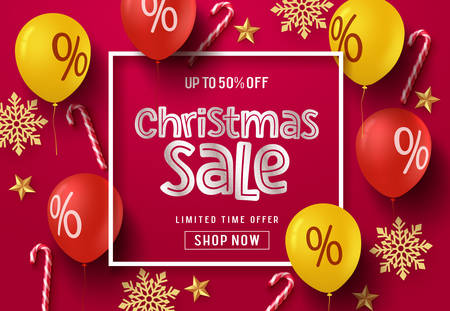 Christmas sale balloon vector banner background. Christmas sale text in frame with colorful elements of balloons, candy cane, snowflakes and stars in red background. Vector illustration.のイラスト素材