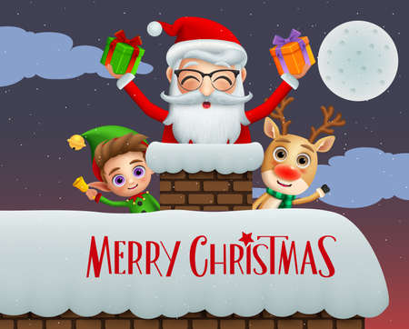 Christmas greeting card vector background design. Merry christmas text with xmas characters of elf, reindeer and santa claus holding gifts in chimney roof with snow falling at night background. Vector illustration.のイラスト素材