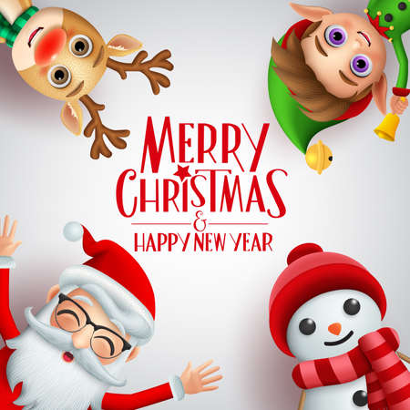Merry christmas greeting vector background template. Merry christmas and happy new year text with santa claus, reindeer, elf and snowman xmas characters in white background. Vector illustration.のイラスト素材