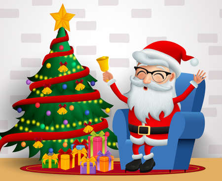 Santa claus sitting vector background design. Christmas santa claus character happy sitting in chair and holding bell with christmas tree in colorful lights, balls and gift elements in white wall background. Vector illustration.のイラスト素材