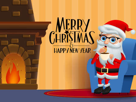 Christmas character santa claus eating vector background design. Merry christmas greeting text with santa claus character sitting, eating cookie and drinking coffee in room with chimney in orange wall background. Vector illustration.のイラスト素材