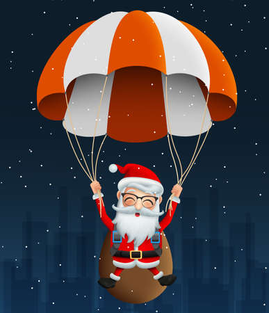 Santa claus character in Para suit vector background design. Cute christmas character santa claus flying with Para suit and carrying bag or sack with happy face in snow falling night background. Vector illustration.のイラスト素材