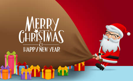 Christmas character santa claus with big sack vector background design. Merry christmas and happy new year greeting text with santa claus pulling big sack and colorful gifts in red wall background. Vector illustration.のイラスト素材