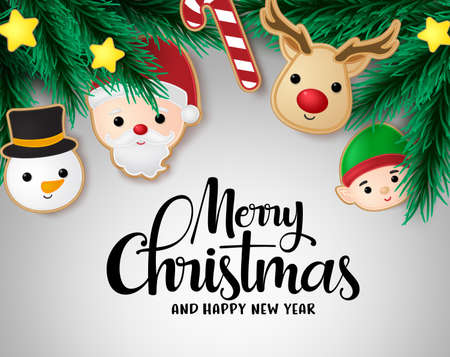 Christmas with hanging elements vector background template. Merry christmas with pine leaves, candy cane, reindeer, santa claus, snowman, elf and stars xmas hang elements in gray background. Vector illustrationのイラスト素材