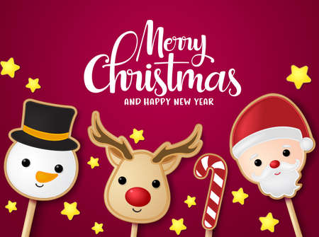 Christmas greeting card vector banner template. Merry christmas and happy new year typography with xmas elements of santa claus, reindeer, and snowman lollipop in red background. Vector illustration.のイラスト素材