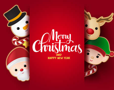 Christmas greeting vector background template. Merry christmas typography with santa claus, snowman, reindeer and elf gingerbread cookie elements and empty space for messages in red background. Vector illustration.のイラスト素材
