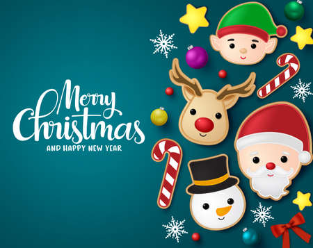 Christmas elements vector banner template. Merry Christmas greeting typography in blue empty space with xmas element like santa claus, reindeer, snowman, elf ,candy cane and star gingerbread cookie in blue background. Vector illustration.のイラスト素材