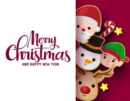 Christmas greeting card vector background template. Merry christmas typography text in empty white space for messages with snowman, reindeer, santa claus and cookie gingerbread elements in red background. Vector illustration.のイラスト素材