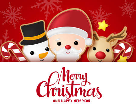 Christmas vector background template. Merry chistmas greeting card text in empty white space for messages with santa, snowman, reindeer, candy cane and star gingerbread cookie elements in red background. Vector illustration.のイラスト素材