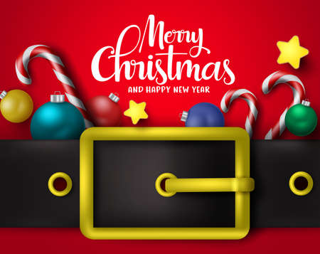 Merry Christmas greeting with big belt vector background design. Merry chirstmas typography text with xmas decor elements of candy cane, balls. stars with santa belt in red background. Vector illustration.のイラスト素材