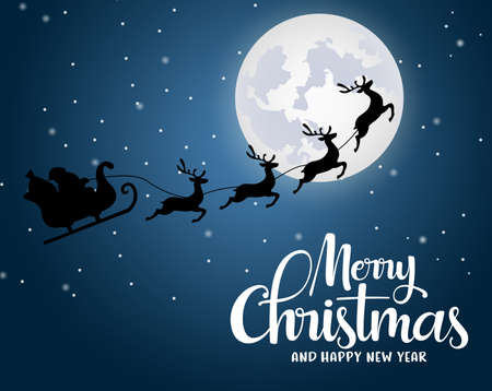 Christmas santa claus riding reindeer vector background design. Merry christmas and happy new year greeting typography with santa claus flying in sleigh with reindeer in a moon light with snow background. Vector illustration.のイラスト素材