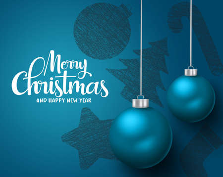 Christmas balls hang vector background design. Merry christmas and happy new year greeting text with blue hanging  xmas balls elements in blue background. Vector illustration.のイラスト素材