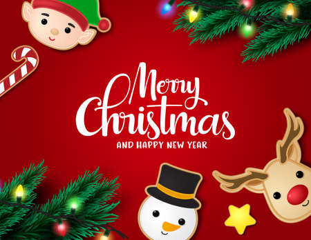 Christmas in red background vector banner template. Merry christmas typography with gingerbread cookie character of reindeer, snowman, elf, candy cane and xmas elements of pine leaves and lights in red background. Vector illustration.のイラスト素材