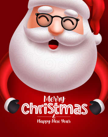 Santa claus christmas character vector concept. Santa claus with long beard happy talking with merry christmas greeting text in red background for holiday season. Vector illustration.のイラスト素材