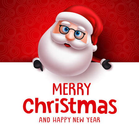 Santa claus vector christmas greeting card template. Santa claus character holding white board with christmas greeting text for holiday season in white with empty space for messages in red background. Vector illustrationのイラスト素材