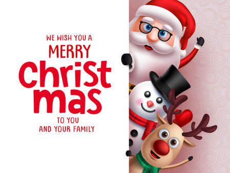 Christmas santa vector greeting template. Santa claus, snow man and reindeer characters holding merry christmas greeting text in white board for holiday season in 3d realistic design. Vector illustration.のイラスト素材