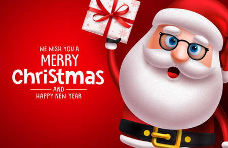 Christmas santa claus character vector banner template. Merry christmas greeting text with santa claus 3d realistic character holding xmas gift and empty space for messages in red background. Vector illustration.のイラスト素材