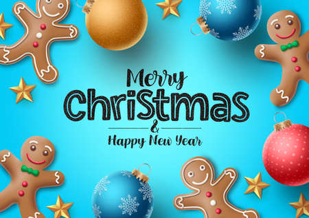 Christmas gingerbread vector background. Merry christmas greeting text with colorful xmas elements of gingerbread cookie and xmas balls in blue background. Vector illustration.のイラスト素材